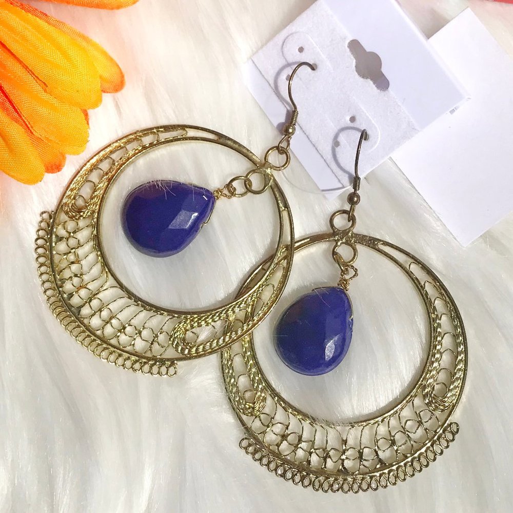 Boho Earrings Large Bead Goldtone Dangle Hoops NWT